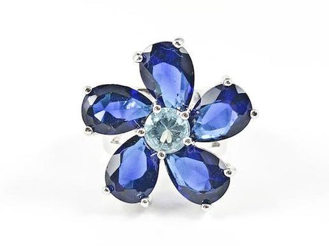 Beautiful Unique Swirl Flower Petal Sapphire Color CZ Brass Ring