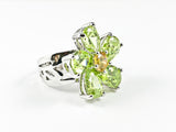 Beautiful Unique Swirl Flower Petal Light Green Color CZ Brass Ring
