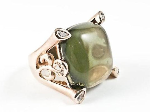 Large Square Shape & Cut Center Olive Color Stone With Pink Gold Prong Band Brass Ring