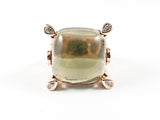 Large Square Shape & Cut Center Olive Color Stone With Pink Gold Prong Band Brass Ring
