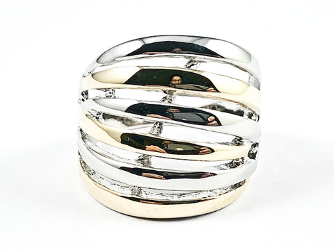 Modern Multi Row Shiny Metallic Two Tone Style Brass Ring