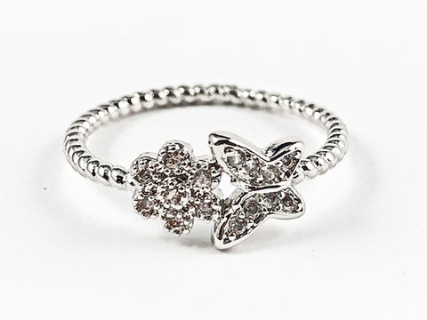 Cute Dainty Butterfly & Floral CZ Ball Beads Brass Ring