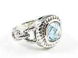 Unique Textured Link Style Band With Center Square Shape Aquamarine Color CZ Brass Ring