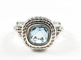 Unique Textured Link Style Band With Center Square Shape Aquamarine Color CZ Brass Ring