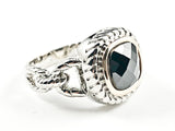 Unique Textured Link Style Band With Center Square Shape Black Color CZ Brass Ring