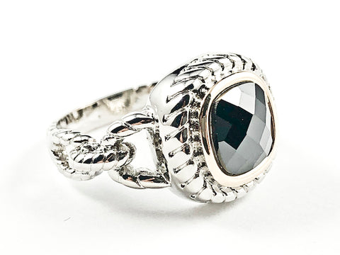 Unique Textured Link Style Band With Center Square Shape Black Color CZ Brass Ring