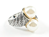 Beautiful Duo Pearl Crossover Style Textured Band Brass Ring