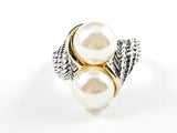 Beautiful Duo Pearl Crossover Style Textured Band Brass Ring