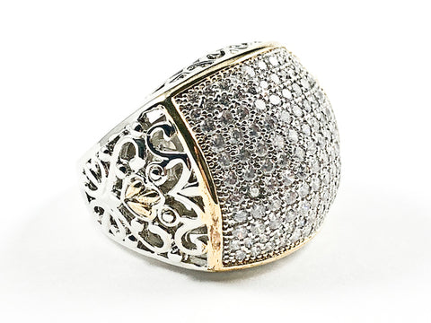 Beautiful Micro Pave Style Rectangle Shape With Vintage Design Side Band Two Tone Brass Ring