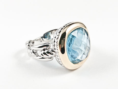 Modern Square Shape Center Aquamarine Color CZ Gold Tone Frame Wire Band Texture Brass Ring
