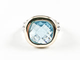 Modern Square Shape Center Aquamarine Color CZ Gold Tone Frame Wire Band Texture Brass Ring