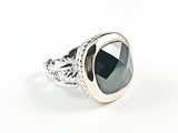 Modern Square Shape Center Black Color CZ Gold Tone Frame Wire Band Texture Brass Ring