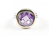 Modern Square Shape Center Purple Color CZ Gold Tone Frame Wire Band Texture Brass Ring