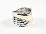 Modern Wire Texture With Shiny Metallic Thick Two Tone Crossover Style Brass Band Ring