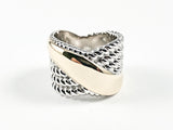 Modern Wire Texture With Shiny Metallic Thick Two Tone Crossover Style Brass Band Ring