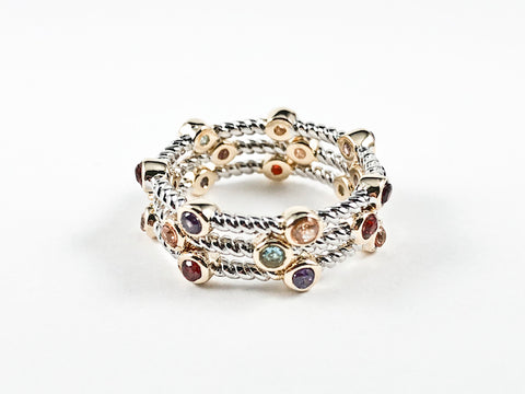 Beautiful Textured Multi Color 3 Piece Set Eternity Brass Rings