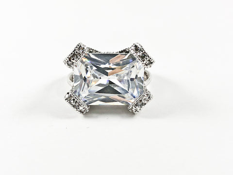 Beautiful Large Center Rectangle CZ With Classic CZ Prong Style Frame Brass Ring