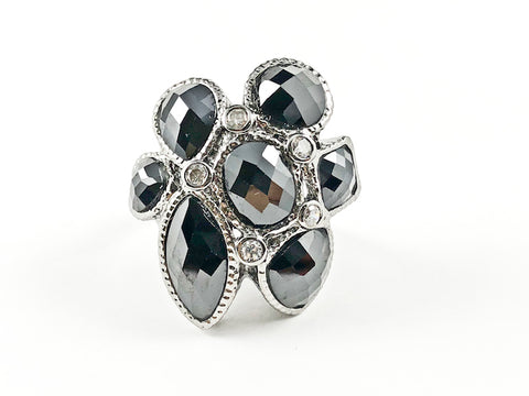 Unique Black Mix CZ Shape Floral Form Design Black Rhodium Tone Brass Ring
