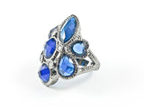 Unique Blue Mix CZ Shape Floral Form Design Black Rhodium Tone Brass Ring
