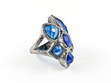 Unique Blue Mix CZ Shape Floral Form Design Black Rhodium Tone Brass Ring