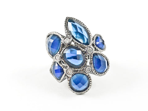 Unique Blue Mix CZ Shape Floral Form Design Black Rhodium Tone Brass Ring