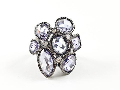 Unique Light Purple Mix CZ Shape Floral Form Design Black Rhodium Tone Brass Ring