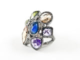 Unique Multi Color Mix CZ Shape Floral Form Design Black Rhodium Tone Brass Ring