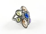 Unique Multi Color Mix CZ Shape Floral Form Design Black Rhodium Tone Brass Ring