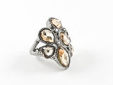 Unique Topaz Color Mix CZ Shape Floral Form Design Black Rhodium Tone Brass Ring