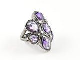 Unique Purple Mix CZ Shape Floral Form Design Black Rhodium Tone Brass Ring