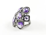 Unique Purple Mix CZ Shape Floral Form Design Black Rhodium Tone Brass Ring