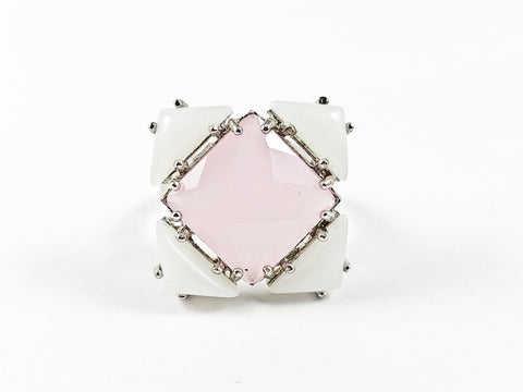 Beautiful Square Shape Form Center Pink Quartz CZ With White CZ Frame Brass Ring