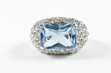 Classic Aquamarine Rectangular Center Stone Pave Brass Ring