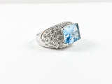 Classic Aquamarine Rectangular Center Stone Pave Brass Ring