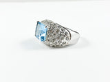Classic Aquamarine Rectangular Center Stone Pave Brass Ring