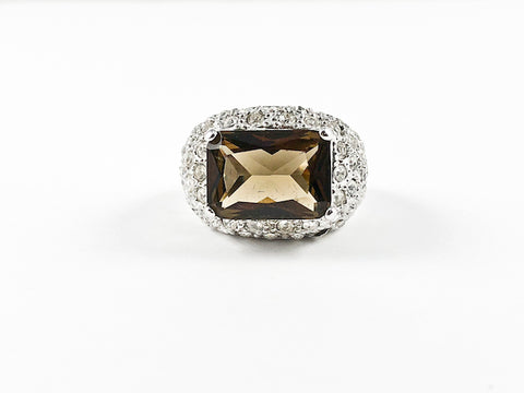 Classic Brown Topaz Rectangular Center Stone Pave Brass Ring
