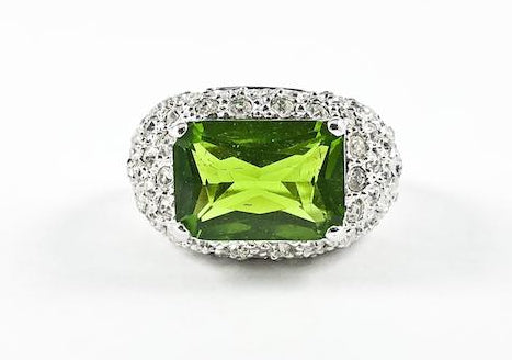 Classic Green Rectangular Center Stone Pave Brass Ring