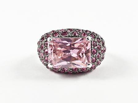Classic Pink Rectangular Center Stone Pave Brass Ring