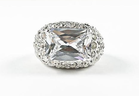 Classic Clear Rectangular Center Stone Pave Brass Ring