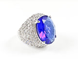 Nice Large Oval Shape Center Blue CZ With Micro CZ Border Brass Ring