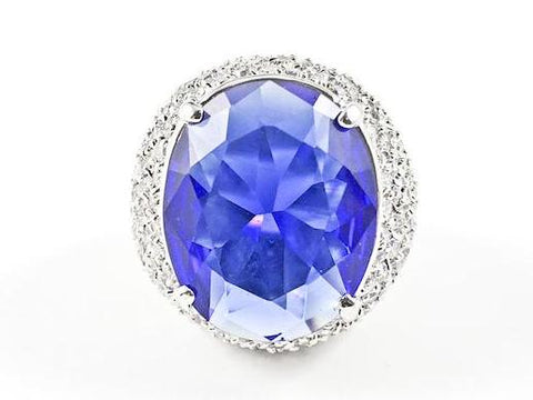Nice Large Oval Shape Center Blue CZ With Micro CZ Border Brass Ring