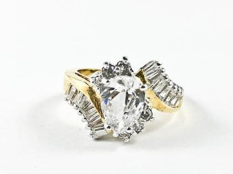 Classic Unique CZ Setting Engagement Style Gold Tone Brass Ring