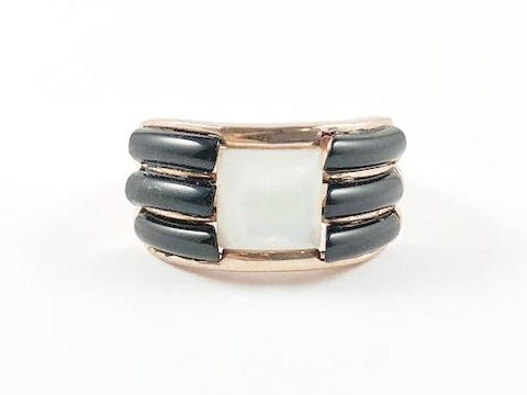 Modern Rose Gold Black Stripes Brass Ring