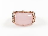 Vintage Curved Rectangle Shape Center Pink Quartz CZ Pink Gold Tone Brass Ring