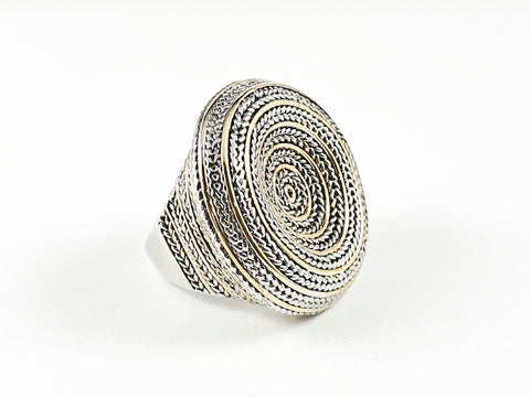 Casual Bold Two Tone Rope Design Round Brass Ring