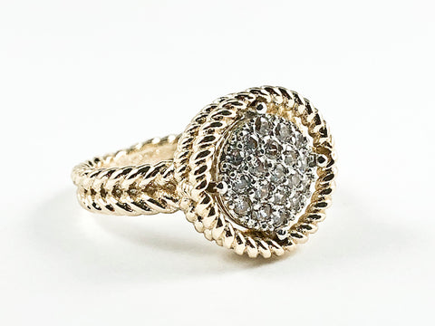Elegant Textured Round Shape Center Micro Pave Style CZ Gold Tone Brass Ring