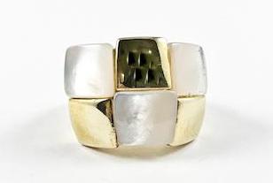 Modern Square Pattern Mother Of Pearl Yellow Gold Brass Ring