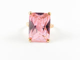 Classic Elegant Rectangular Pink Emerald Cut Brass Ring