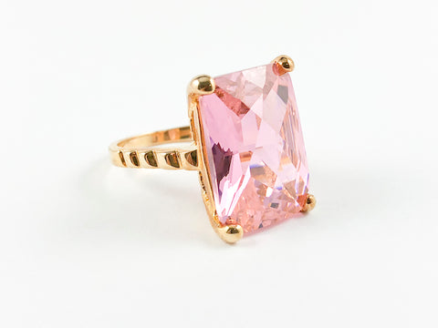 Classic Elegant Rectangular Pink Emerald Cut Brass Ring