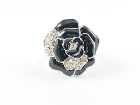 Elegant Rose Petal Design Black Enamel Brass Ring